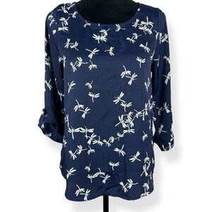 Everly Navy Blue Dragonfly‎ Print Roll Tab Sleeve Blouse Top Small T7783